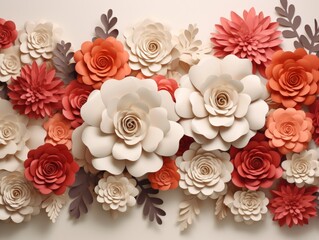 Paper flowers background, 3d render. Floral pattern with paper flowers. Generative AI