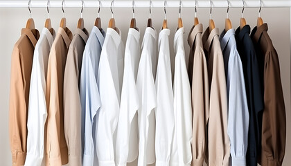 Clean clothes white and beige men's shirts on hangers after dry-cleaning or for sale in the shop on white background - Powered by Adobe