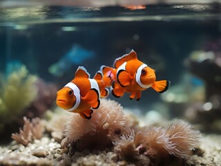 Naklejka na ściany i meble Pair of clownfish swimming in aquarium fish tank. Generative AI