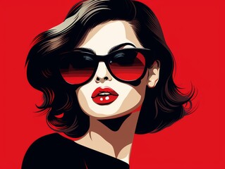 Pop art woman in sunglasses on red background. illustration in retro style. Generative AI
