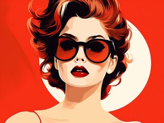 Pop art girl in sunglasses on a red background. illustration. Generative AI