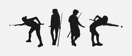 billiard player silhouette collection set. hobby, leisure, player, sport concept. different action, pose. monochrome vector illustration. - obrazy, fototapety, plakaty