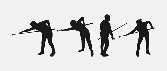 billiard player silhouette collection set. hobby, leisure, player, sport concept. different action, pose. monochrome vector illustration.