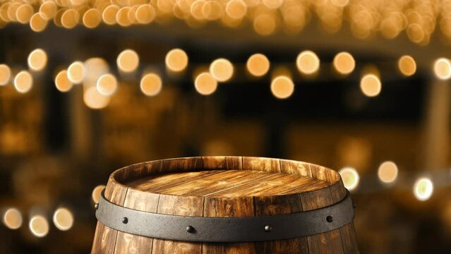 Close view of the top of an old wooden barrel on a defocused background of warm, golden lights floating in the environment. 3D Rendering