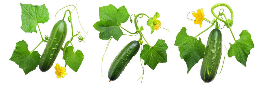 photo green cucumber with leaves and flower isolated on white