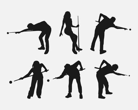 billiard player silhouette collection set. hobby, leisure, player, sport concept. different action, pose. monochrome vector illustration.