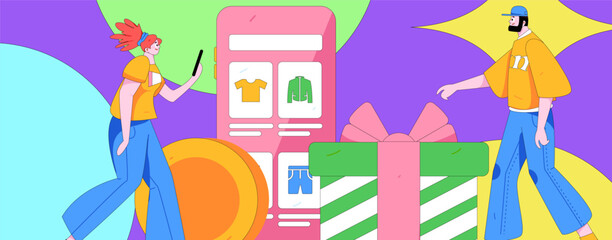 Obraz premium Holiday shopping people doing e-commerce online shopping flat vector concept operation hand drawn illustration 