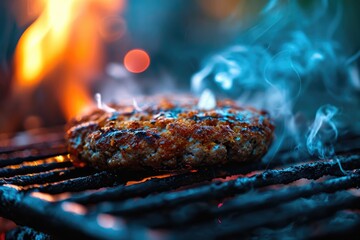 A close-up of a juicy burger patty grilling on a charcoal BBQ, with smoke rising in a warm outdoor setting