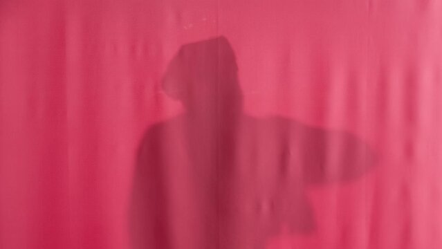 Silhouette of a washing man with a loofah behind a pink shower curtain. The curtain opens, a man with shaving foam on his face shrieks, throws the washcloth, and covers himself with the shower curtain