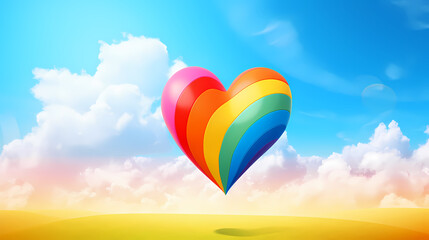 Rainbow colorful heart or love character shape on blue sky and white natural grass clouds with valentines day background