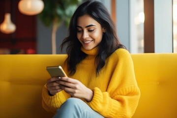 young indian woman sitting on sofa and using smartphone
