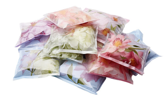 Fragrant Drawer Sachets Unfold Beauty on White on a White or Clear Surface PNG Transparent Background.