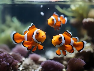 Obraz na płótnie Canvas Pair of clownfish swimming in aquarium fish tank. Generative AI