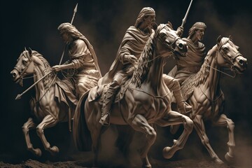 Illustration of the four biblical horsemen representing war, famine, pestilence, and death. Generative AI - obrazy, fototapety, plakaty