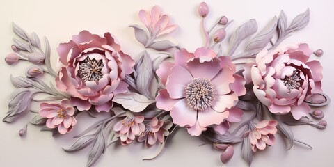 Floral arrangement made of paper flowers and leaves in pastel colors