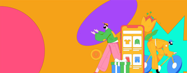 Holiday shopping people doing e-commerce online shopping flat vector concept operation hand drawn illustration
