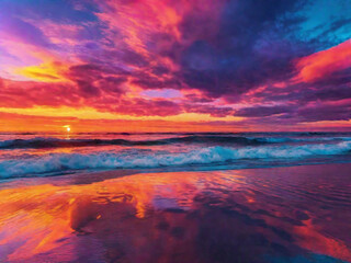 Fototapeta premium Paisaje de playa psicodélica con luces brillantes al atardecer
