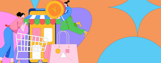 Holiday shopping people doing e-commerce online shopping flat vector concept operation hand drawn illustration
