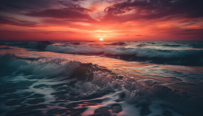Fototapeta na wymiar Sunset over water, nature beauty reflected in waves generated by AI