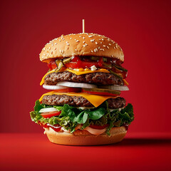 A very tall hamburger, on red background. Made with generative ai
