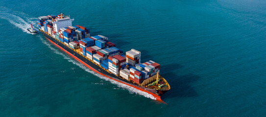 Aerial view container cargo ship maritime freight shipping by container cargo ship, Global business import export commercial trade logistic container cargo ship freight shipping.