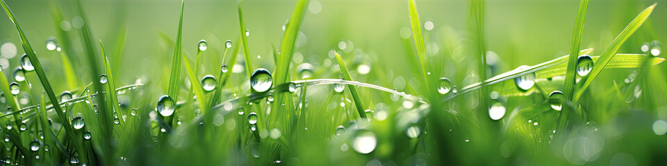 Droplets banner of morning dew on green grass