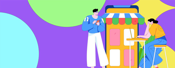 Holiday shopping people doing e-commerce online shopping flat vector concept operation hand drawn illustration
