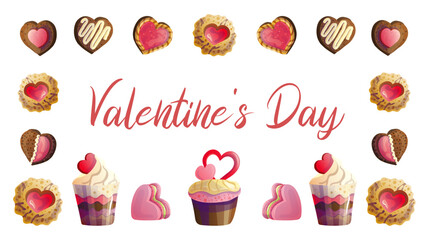 Horizontal composition of cakes and cookies with hearts and the inscription  Valentine's Day, a delicious collection for a festive mood, illustrations in a flat cartoon style