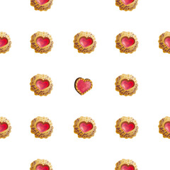 Seamless pattern with cookies with hearts, delicious background for a festive mood, illustrations in a flat cartoon style for decorating sweet restaurant menus and Valentine's Day cards