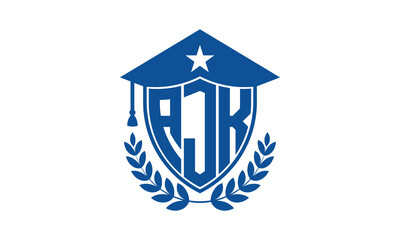 AJK three letter iconic academic logo design vector template. monogram, abstract, school, college, university, graduation cap symbol logo, shield, model, institute, educational, coaching canter, tech