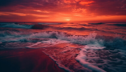 Fototapeta na wymiar Sunset over the coastline, waves crashing on sandy shores, nature beauty generated by AI