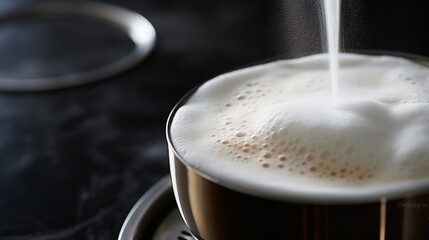 A close-up of a milk frother creating a fluffy foam, adding a touch of luxury to a cup of coffee.