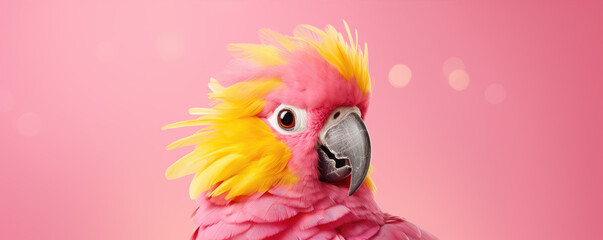 Yellow parrot bird with pink hairs on pink background. copy space for text. - obrazy, fototapety, plakaty