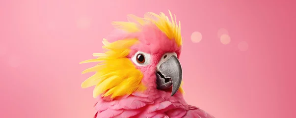 Fototapeten Yellow parrot bird with pink hairs on pink background. copy space for text. © Milan