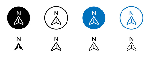 North line icon set. Compass map north direction line symbol in black and blue color.