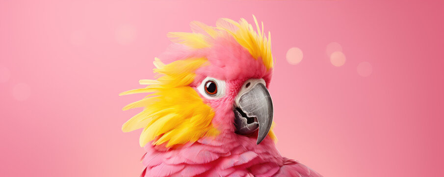 Yellow parrot bird with pink hairs on pink background. copy space for text.