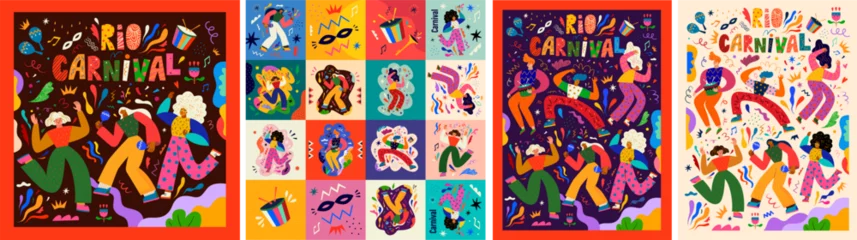 Deurstickers Big creative collection a full of inspiration for holiday Brazil carnival in Rio de Janeiro. Set of vector playful original posters and cards, stickers, tickets with dancing people for Brazil carnival © moleskostudio