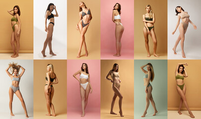 Collage made of full length portrait of young, beautiful, fit women posing in lingerie against multicolored pastel studio backgrounds. Concept of lifestyle, natural beauty, beauty, female health. - obrazy, fototapety, plakaty