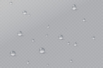 Realistic vector water drops png on a transparent light background. Water condensation on the surface with light reflection and realistic shadow. 3d vector illustration