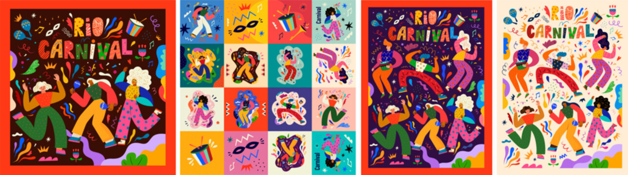 Big creative collection a full of inspiration for holiday Brazil carnival in Rio de Janeiro. Set of vector playful original posters and cards, stickers, tickets with dancing people for Brazil carnival