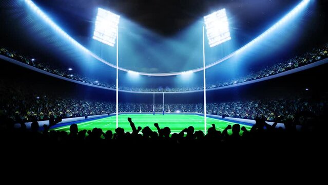 Rugby football stadium with cheering audience and bright LED lights animation