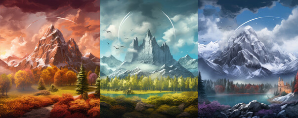 Four season moutains scenery, Abstract Forest and Mountains in winter, summer, spring, autumn.