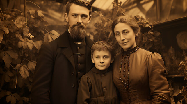portrait of a family Typical Catholic artwork with the Holy Family in a colorful autumnal setting Vintage street photos from the Victorian era in black and white
