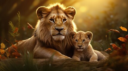 The majestic lion and his cub, a family of cats. Wild animals in their natural habitat. - obrazy, fototapety, plakaty