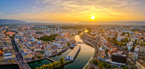 Geneva, Switzerland at Sunset from Above - obrazy, fototapety, plakaty