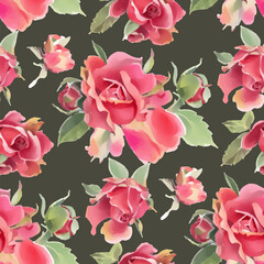 Seamless pattern with watercolor roses. Hand-drawn illustration.