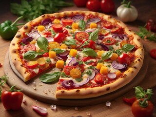 Pizza with vegetables and olives on a wooden table, closeup