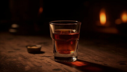 Whiskey glass on table, bar dark wood, flame reflects elegance generated by AI
