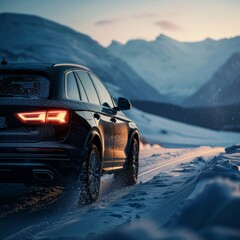 Car in snow. Evening day night time. Sunset. Mountain horizon. Dramatic situation. Landscape. Product photo.