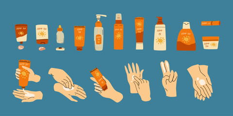 big set of cosmetic products and hands on blue background. Vector illustration included hands in different poses top view and big set of creams, lotions, spay - obrazy, fototapety, plakaty